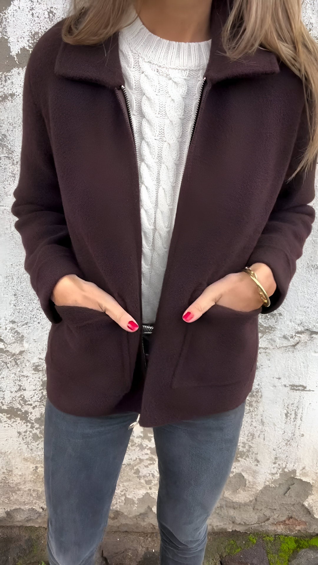 Anna - Giacca in pelle scamosciata con colletto a revers e zip
