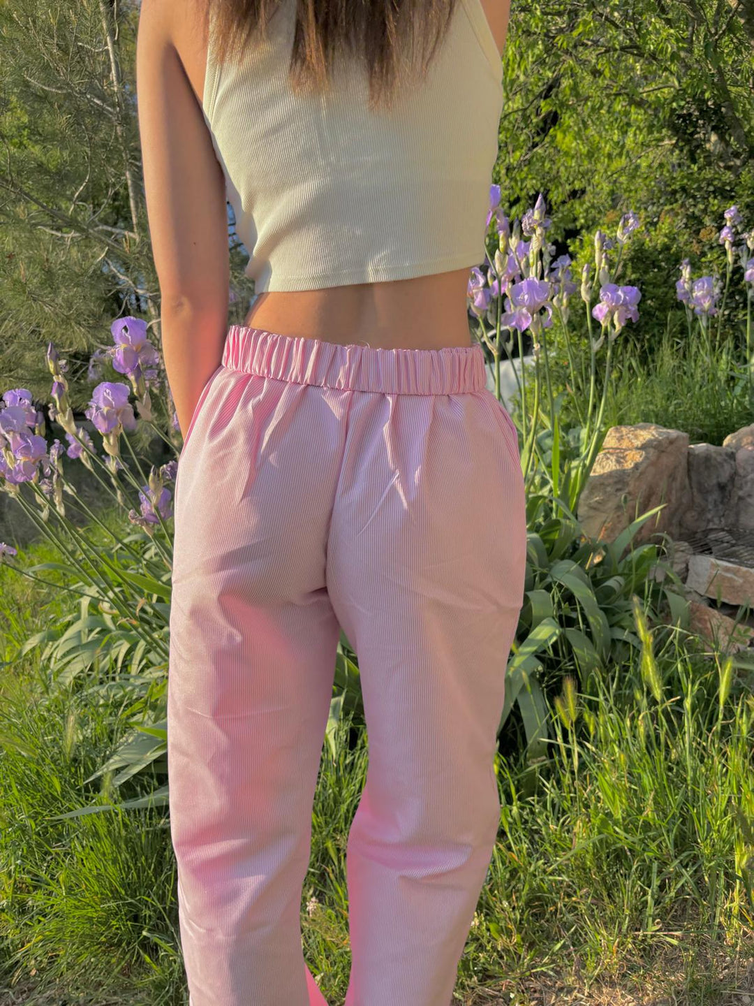 Anna - Pantaloni in Cotone a Vita Alta in Lilla